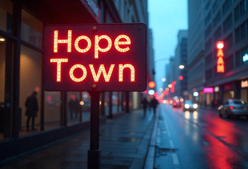A signpost labeled "Hope Town' against a dark city background