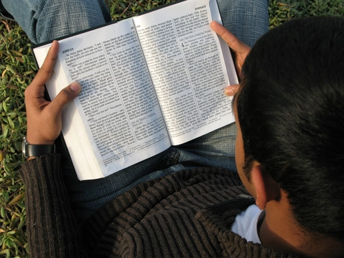 A young man reading the Bible outdoors to depict missing the big picture