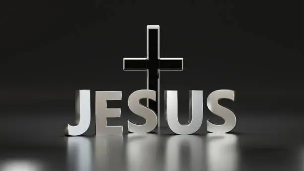 The words "Jesus" written with a cross in the background