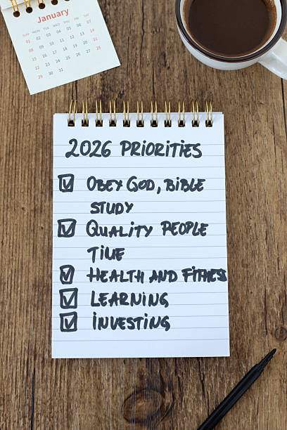 2026 Priorities, Christian to do list, inspirational handwritten text in notebook with calendar and coffee cup. A Biblical concept for how to gain wisdom to make the right decisions 