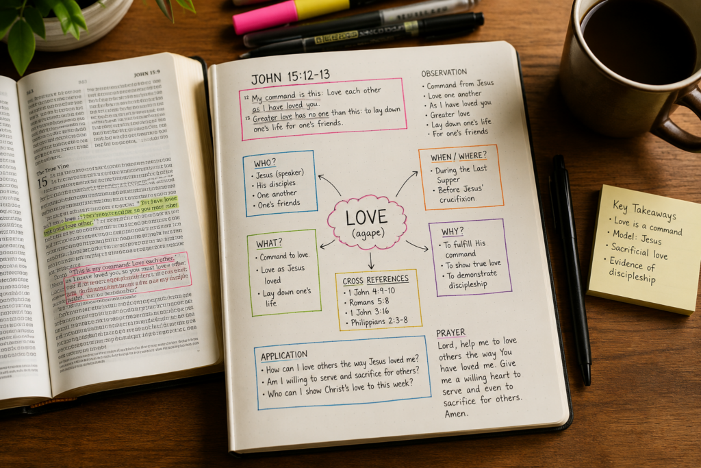 Bible verse mapping study setup with an open Bible, notebook, highlighted notes, cross-references, and Scripture observations on a wooden desk.
