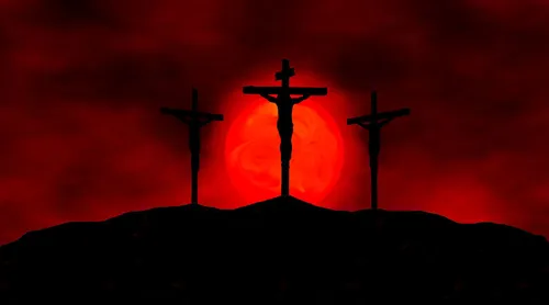 Easter theme of the three crosses on Golgotha against a reddish-black background