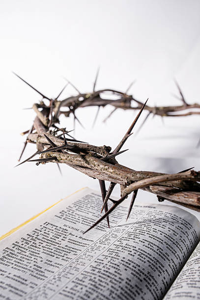 Symbolic crown of thorns placing on an open bible, illustrating how the gospels anchor our faith in the saving work of Christ